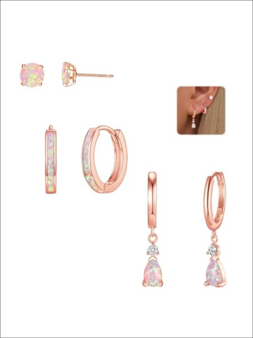 Opal Earrings Set Women Hypoallergenic 14K Rose Gold Plated Huggie Hoop Stud